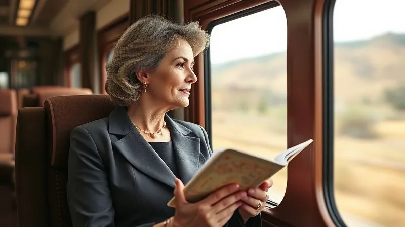 A sophisticated and elegant female traveler in her late 40s, impeccably dressed, looking contemplatively out of a luxury train window, holding a vintage map or journal. The setting is a plush, well-appointed train compartment with soft, natural light. Photorealistic, professional photography, 8K, cinematic lighting, sharp focus on her thoughtful expression, depth of field blurring the passing landscape, shot on a high-end DSLR.