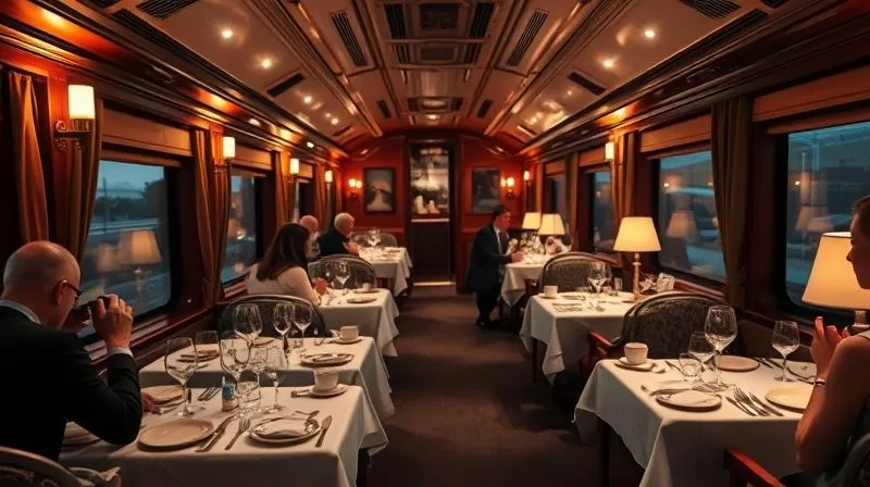 A luxurious train dining car at dusk, with elegantly set tables and soft, warm lighting. In the background, subtle thematic decor like framed vintage railway posters or a small, tasteful display of historical railway ephemera is visible. Guests are enjoying a gourmet meal, and the atmosphere is refined and immersive. Photorealistic, professional photography, 8K, cinematic lighting, sharp focus on the dining experience, depth of field blurring the scenery outside, shot on a high-end DSLR.