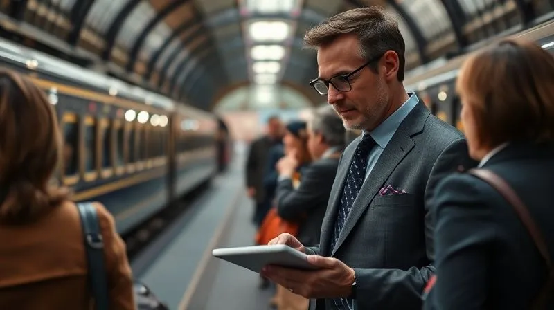 A professional and attentive luxury tour manager discreetly observing guests enjoying an exhibit at a railway museum, taking notes on a tablet. The manager is well-dressed and has an empathetic, focused expression. The museum background is elegant and well-maintained. Photorealistic, professional photography, 8K, cinematic lighting, sharp focus on the manager, depth of field blurring the background, shot on a high-end DSLR.