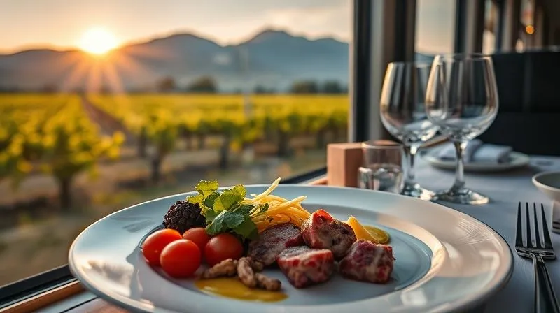 A close-up of a gourmet meal on a luxury train, with a scenic view of a vibrant, sunlit vineyard or a majestic mountain range outside the window, photorealistic, professional photography, 8K, cinematic lighting, sharp focus on the food, depth of field blurring the background, shot on a high-end DSLR.