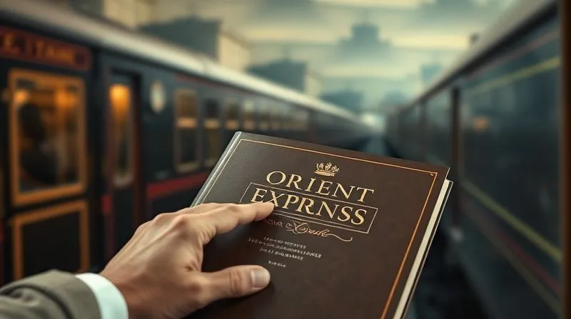 A vintage poster of the Orient Express, slightly blurred in the background, with a modern, elegant hand subtly placing a luxurious, leather-bound travel brochure for a contemporary luxury train journey in the foreground, photorealistic, professional photography, 8K, cinematic lighting, sharp focus on the brochure, depth of field blurring the background, shot on a high-end DSLR.