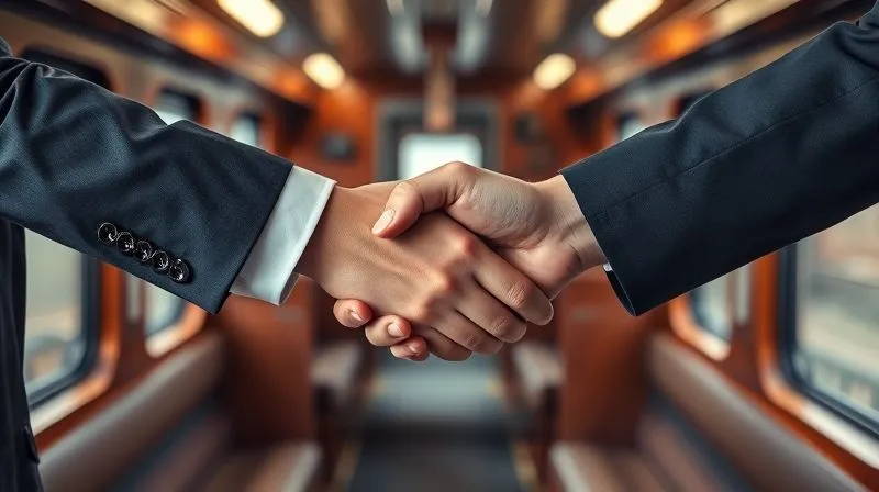 Two professional hands shaking over a stylized blueprint of a luxury train itinerary, symbolizing agreement, trust, and a bespoke partnership, with a blurred background of a classic train carriage interior, photorealistic, professional photography, 8K, cinematic lighting, sharp focus on the hands and blueprint, depth of field blurring the background, shot on a high-end DSLR.