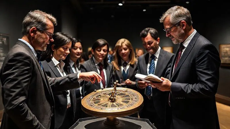 photorealistic, professional photography, 8K, cinematic lighting, sharp focus, depth of field, shot on a high-end DSLR. A diverse group of executives in business attire, intently gathered around an ancient navigational instrument (like an astrolabe or sextant) in a dimly lit museum exhibit. One executive points to a detail, another is taking notes, and a knowledgeable guide explains its historical significance and potential modern parallels. The scene emphasizes focused learning and engagement.