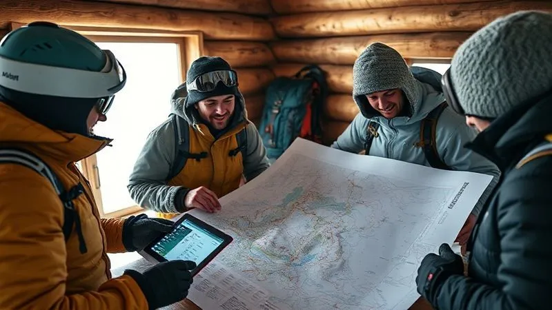 Photorealistic, professional photography, 8K, cinematic lighting, sharp focus, depth of field. A group of backcountry skiers huddled around a large paper map and a tablet displaying a digital avalanche forecast and weather data. They are in a cozy, well-lit mountain cabin, pointing at features on the map, with backpacks and safety gear visible in the background, conveying meticulous pre-trip planning. Photorealistic, professional photography, 8K, cinematic lighting, sharp focus, depth of field. A group of backcountry skiers huddled around a large paper map and a tablet displaying a digital avalanche forecast and weather data. They are in a cozy, well-lit mountain cabin, pointing at features on the map, with backpacks and safety gear visible in the background, conveying meticulous pre-trip planning.