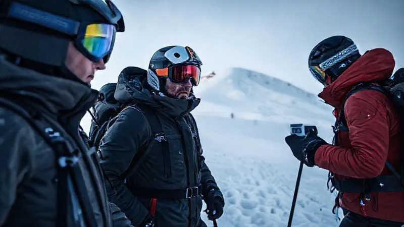 Photorealistic, professional photography, 8K, cinematic lighting, sharp focus, depth of field. A small group of backcountry skiers, dressed in technical gear, paused on a snowy slope. One skier, with a focused expression, is pointing at a distant slope while another is consulting an inclinometer. The scene conveys a serious, collaborative decision-making process in challenging mountain terrain. Photorealistic, professional photography, 8K, cinematic lighting, sharp focus, depth of field. A small group of backcountry skiers, dressed in technical gear, paused on a snowy slope. One skier, with a focused expression, is pointing at a distant slope while another is consulting an inclinometer. The scene conveys a serious, collaborative decision-making process in challenging mountain terrain.