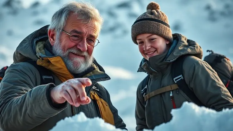 Photorealistic, professional photography, 8K, cinematic lighting, sharp focus, depth of field. An experienced, older backcountry guide with a weathered face and a warm smile, wearing a technical jacket, is pointing at a snowpit profile with a young, attentive student. They are in a serene, snowy mountain environment, conveying mentorship and the transfer of critical avalanche knowledge. Photorealistic, professional photography, 8K, cinematic lighting, sharp focus, depth of field. An experienced, older backcountry guide with a weathered face and a warm smile, wearing a technical jacket, is pointing at a snowpit profile with a young, attentive student. They are in a serene, snowy mountain environment, conveying mentorship and the transfer of critical avalanche knowledge.