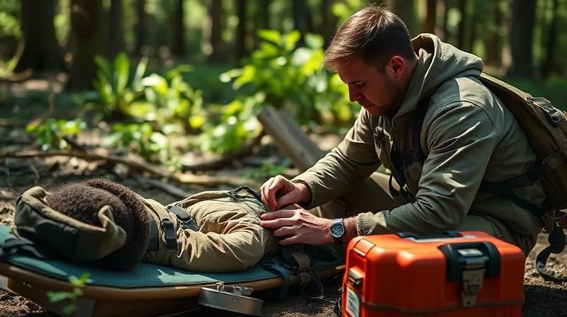 photorealistic, professional photography, 8K, cinematic lighting, sharp focus, depth of field, shot on a high-end DSLR. An adventure guide with a focused expression, kneeling beside a person lying on a makeshift stretcher, carefully checking their pulse and breathing in a rugged, sun-dappled forest clearing. Medical supplies are open nearby, conveying urgency and meticulous care.