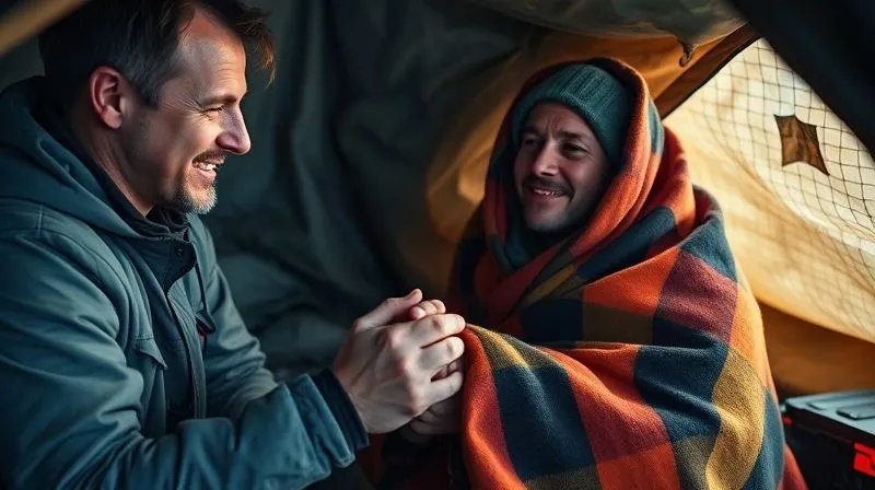 photorealistic, professional photography, 8K, cinematic lighting, sharp focus, depth of field, shot on a high-end DSLR. An adventure guide, looking empathetic and calm, holding the hand of a critically injured client wrapped in an emergency blanket inside a makeshift wilderness shelter. The client's face shows a mix of pain and relief, while the guide's expression conveys unwavering support and determination. The lighting is soft but functional, highlighting the human connection amidst the challenging environment.