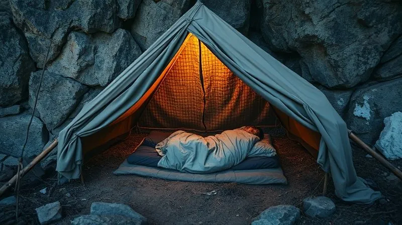 photorealistic, professional photography, 8K, cinematic lighting, sharp focus, depth of field, shot on a high-end DSLR. A well-constructed, temporary wilderness shelter made from natural materials and a tarp, nestled against a rock face, with a visible opening revealing a warm, dry interior where a person is lying comfortably on an insulated bed. The surrounding environment is rugged but the shelter appears secure and protective.