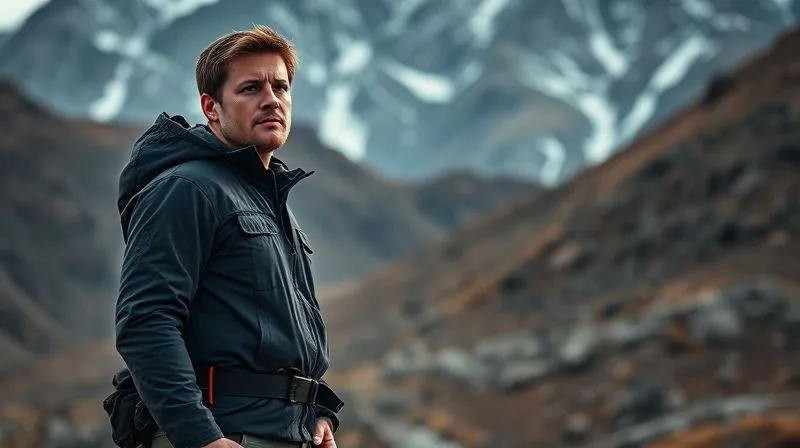photorealistic, professional photography, 8K, cinematic lighting, sharp focus, depth of field, shot on a high-end DSLR. An adventure guide, standing resolute against a dramatic, rugged wilderness backdrop, looking out with a determined and focused expression. Their posture is strong, conveying leadership and resilience in the face of immense challenge. The cinematic lighting emphasizes their silhouette and the vastness of the environment, symbolizing the weight of responsibility.