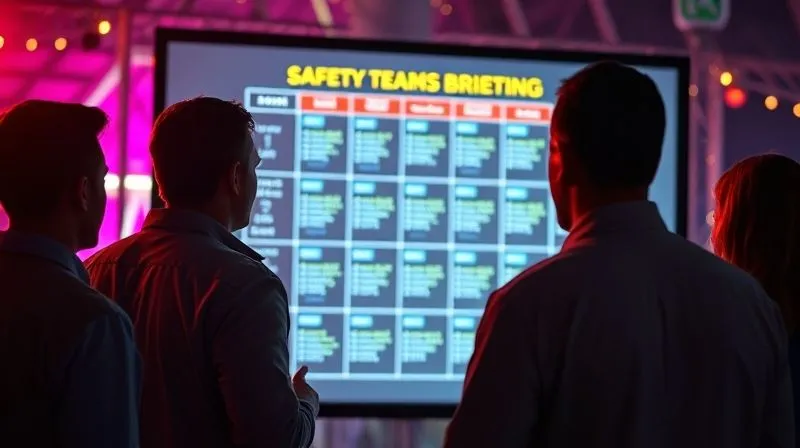 A photorealistic image of a corporate team leader holding a safety briefing before a Carnival event, using a projected risk matrix on a screen, professional photography, 8K, cinematic lighting
