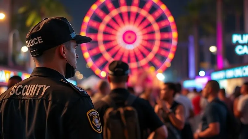 A photorealistic image of security personnel discreetly monitoring a corporate group enjoying a Carnival parade, shot on a high-end DSLR, 8K, cinematic lighting, depth of field