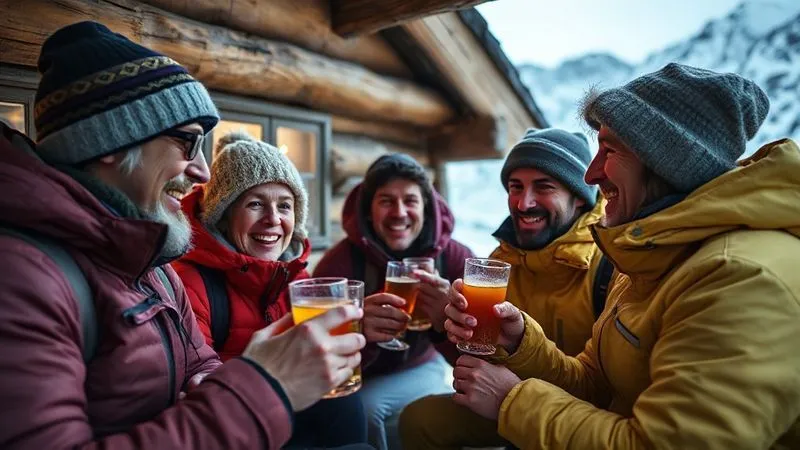 A photorealistic image of an alpine guide and clients sharing a warm drink in a cozy mountain hut after a challenging day, their faces showing relief and camaraderie, a sense of shared accomplishment, professional photography, 8K, cinematic lighting, sharp focus, depth of field, shot on a high-end DSLR, conveying safety and bonding.