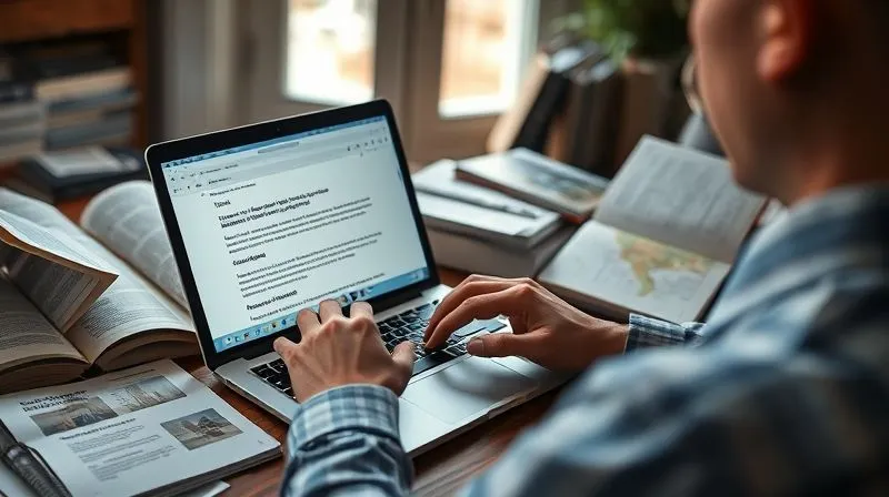A photorealistic image of a person meticulously writing an email on a sleek laptop, surrounded by open travel guides and restaurant reviews. The setting is a cozy, well-lit study, emphasizing careful planning and research. Cinematic lighting, sharp focus on the laptop screen showing a draft email, depth of field blurring the background. 8K hyper-detailed, professional photography, shot on a high-end DSLR.