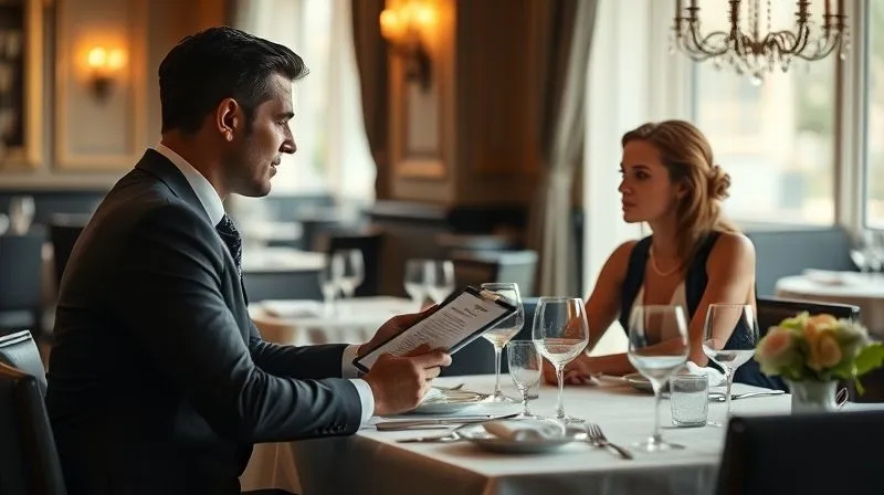A photorealistic image of a well-dressed diner, seated at a beautifully set table in a fine dining restaurant, subtly and politely conversing with a professional server who is holding a menu. The interaction is respectful and focused, with soft, warm cinematic lighting highlighting their faces. Sharp focus on the conversation, depth of field blurring the elegant background. 8K hyper-detailed, professional photography, shot on a high-end DSLR.