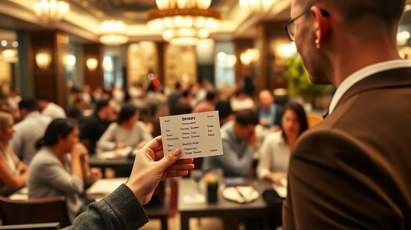A photorealistic image of a traveler holding a small, professionally printed dietary translation card in a foreign language, discreetly showing it to a polite restaurant host in a bustling, elegant global restaurant setting. The background shows diverse diners and intricate local decor. Cinematic lighting, sharp focus on the card and interaction, depth of field blurring the background. 8K hyper-detailed, professional photography, shot on a high-end DSLR.