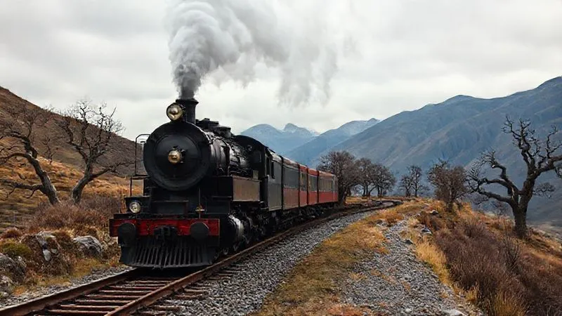 A vintage steam train carefully navigating a scenic, winding track through a mountainous, somewhat rugged landscape. The sky is overcast, hinting at unpredictable weather, with ancient, gnarled trees lining the route. Photorealistic, professional photography, 8K, cinematic lighting, sharp focus on the train and track ahead, depth of field blurring the distant mountains, shot on a high-end DSLR, conveying both the beauty and the inherent challenges of historical rail travel.