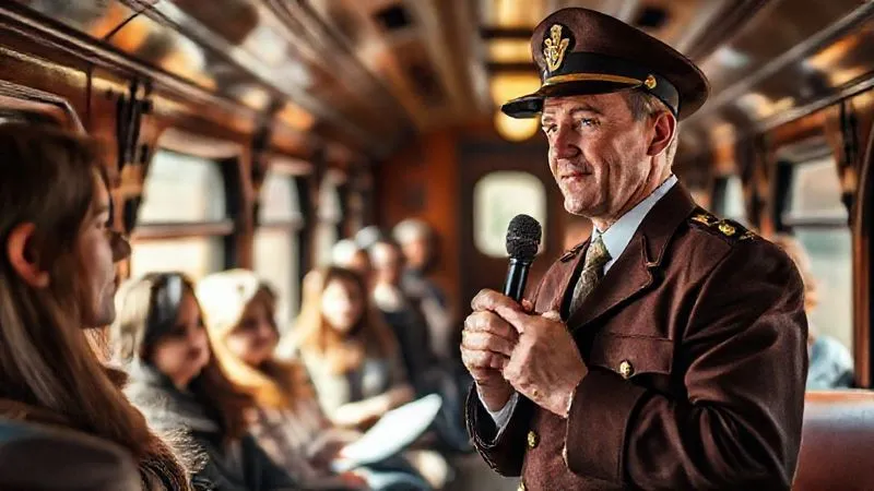 A professional, calm tour manager in a vintage-style uniform, holding a microphone, making an announcement to a group of attentive passengers inside a historical train carriage. The passengers appear concerned but reassured, listening intently. Warm, inviting cinematic lighting, sharp focus on the tour manager's empathetic expression, depth of field blurring the background, shot on a high-end DSLR, conveying clear and comforting communication during a challenging situation.