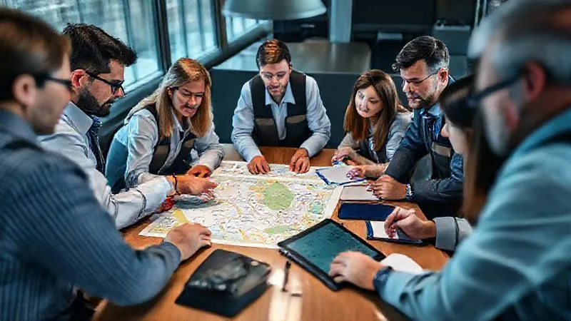 A diverse group of professional tour and railway staff gathered around a large table, reviewing maps and digital screens, engaged in a serious but constructive debriefing session. One person points to a section of a map, while others take notes. The atmosphere is collaborative and focused on learning. Photorealistic, professional photography, 8K, cinematic lighting, sharp focus on the individuals and their tools, depth of field blurring the background, shot on a high-end DSLR, conveying a sense of teamwork and continuous improvement.