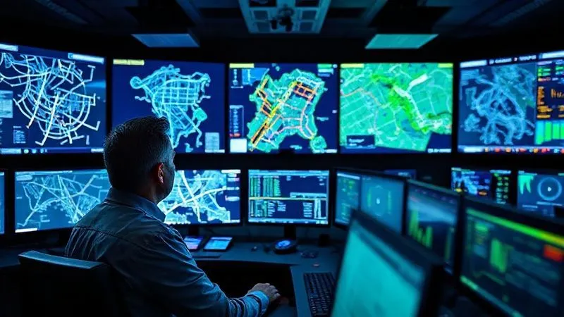 A high-tech control room with multiple large screens displaying intricate railway network maps, real-time train tracking data, weather overlays, and communication dashboards. A railway operations specialist is focused on a screen, calmly interacting with the data. Blue and green hues dominate the cinematic lighting. Photorealistic, professional photography, 8K, sharp focus on the specialist and the central screen, depth of field blurring other screens, shot on a high-end DSLR, conveying advanced technological oversight and control.