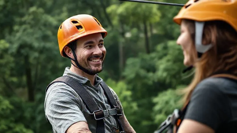 A photorealistic, professional photography shot of a zip line guide, wearing appropriate safety gear, making eye contact and smiling warmly at a nervous client who is also geared up. The guide's body language is open and reassuring. Lush green forest canopy is visible in the background, with soft, natural lighting. 8K hyper-detailed, sharp focus on the faces, depth of field blurring the background.