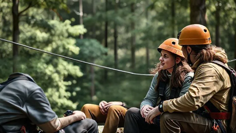 A photorealistic, professional photography shot of a small group of zip line guides and a client sitting in a calm, shaded area after a challenging descent. The guide is speaking empathetically to the client, who looks relieved but still processing. Other guides are listening attentively. Soft, natural lighting, sharp focus on the faces, depth of field blurring the surrounding forest. 8K hyper-detailed.
