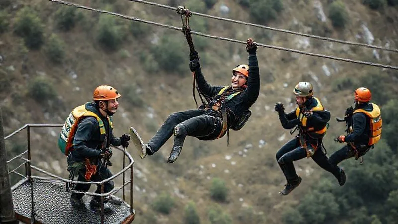 A photorealistic, professional photography shot of a team of zip line guides in full safety gear participating in a simulated rescue drill. One guide is suspended mid-air, acting as a panicking client, while others on a platform and another guide traversing the line are actively engaged in the rescue. The scene is dynamic, with cinematic lighting highlighting the action and focused expressions. 8K hyper-detailed, sharp focus on the guides, depth of field blurring the background.