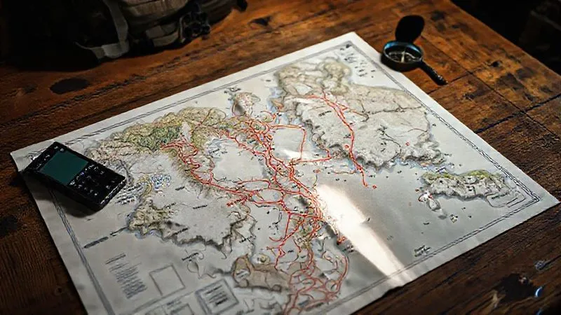 photorealistic, professional photography, 8K, cinematic lighting, sharp focus, depth of field, shot on a high-end DSLR, a detailed topographical map spread out on a rugged wooden table, overlaid with a transparent sheet showing marked danger zones, potential evacuation routes, and communication points, next to a satellite phone and a compass, conveying meticulous planning for a remote expedition.