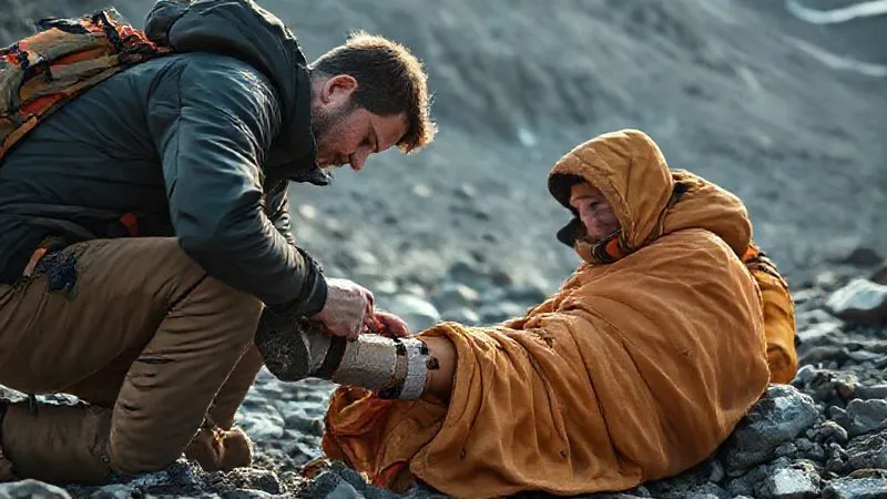 photorealistic, professional photography, 8K, cinematic lighting, sharp focus, depth of field, shot on a high-end DSLR, an expedition leader expertly applying a SAM splint to a client's leg in a remote, rocky mountain environment, the client is wrapped in an emergency blanket, both individuals are focused, soft diffused natural light, conveying competence and care.