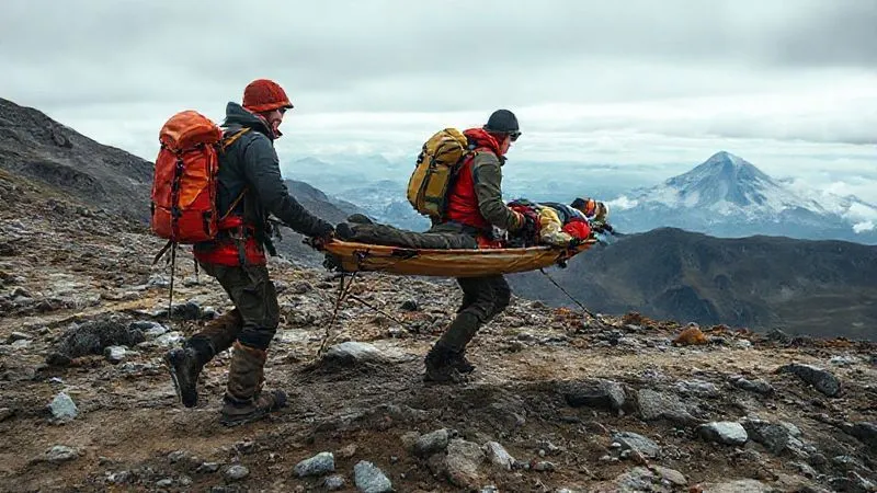 photorealistic, professional photography, 8K, cinematic lighting, sharp focus, depth of field, shot on a high-end DSLR, a team of three expedition leaders carefully carrying a client on a specialized wilderness stretcher across a challenging, uneven mountain trail, demonstrating teamwork and careful movement, rugged landscape with a distant peak, overcast but bright sky, conveying a determined and professional evacuation effort.