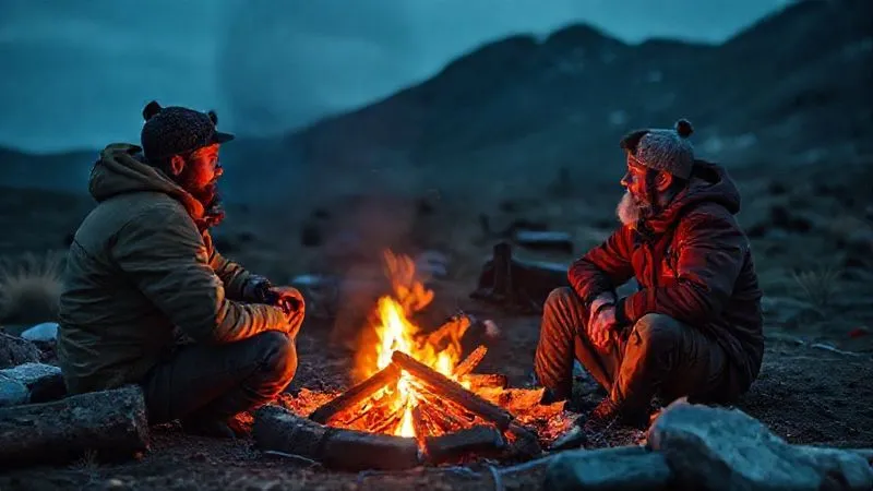 photorealistic, professional photography, 8K, cinematic lighting, sharp focus, depth of field, shot on a high-end DSLR, an expedition leader having a calm, empathetic conversation with a client sitting by a campfire in a remote setting after an incident, both looking reflective, warm glow of the fire, conveying emotional support and psychological first aid in the wilderness.