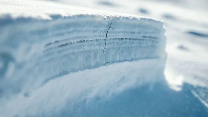 A photorealistic image of a highly detailed cross-section of a snowpack, showing distinct layers of varying crystal types and densities, with a faint crack line indicating a weak layer. Cinematic lighting, sharp focus on the snow layers, depth of field blurring the surrounding snow, 8K hyper-detailed, professional photography, shot on a high-end DSLR.