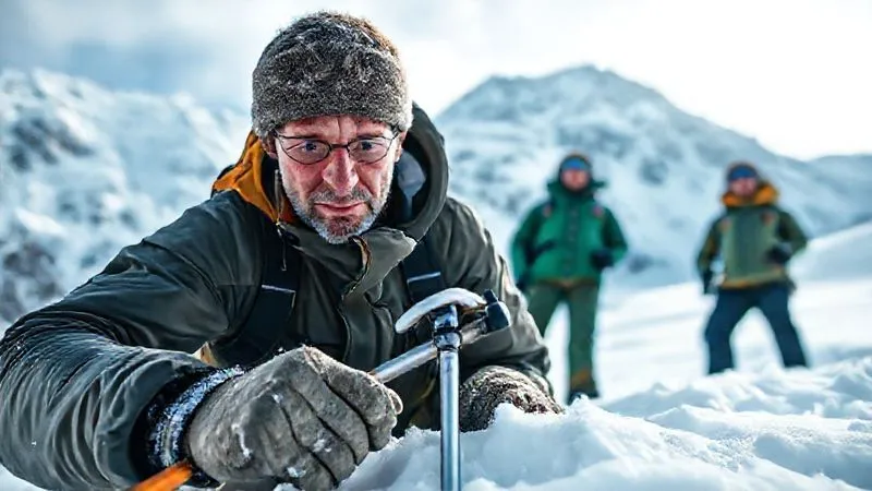 A photorealistic image from a low angle, showing a mountain guide carefully probing the snowpack with an avalanche probe, while two attentive clients watch from a safe distance in a pristine, snow-covered alpine environment. The guide's expression is focused and serious. Cinematic lighting, sharp focus on the guide and probe, depth of field blurring the background mountains, 8K hyper-detailed, professional photography, shot on a high-end DSLR.