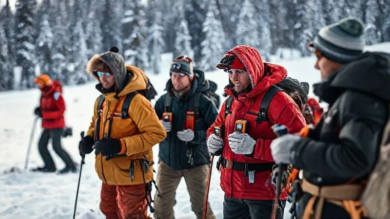 A photorealistic wide shot of a group of diverse individuals, including a mountain guide, participating in an avalanche beacon search drill in a snowy field. They are focused, with transceivers held out, practicing search patterns. Cinematic lighting, sharp focus on the group, depth of field blurring the distant trees, 8K hyper-detailed, professional photography, shot on a high-end DSLR.