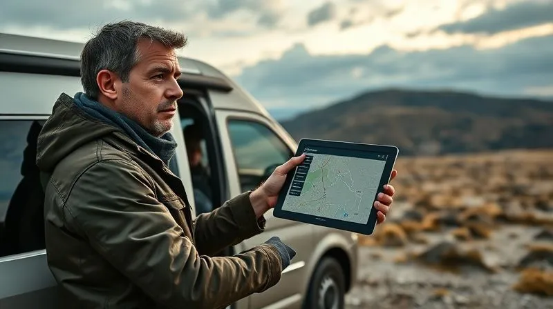 photorealistic, professional photography, 8K, cinematic lighting, sharp focus, depth of field, shot on a high-end DSLR, a person standing outside a campervan in a scenic, remote location, holding a tablet displaying a cell tower locator app, pointing towards a distant hill where a faint cell tower is visible, with a determined yet thoughtful expression, suggesting strategic planning. photorealistic, professional photography, 8K, cinematic lighting, sharp focus, depth of field, shot on a high-end DSLR, a person standing outside a campervan in a scenic, remote location, holding a tablet displaying a cell tower locator app, pointing towards a distant hill where a faint cell tower is visible, with a determined yet thoughtful expression, suggesting strategic planning.