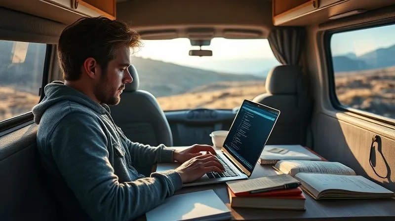photorealistic, professional photography, 8K, cinematic lighting, sharp focus, depth of field, shot on a high-end DSLR, a person working diligently on a laptop inside a brightly lit campervan, surrounded by open notebooks and a thermos, with the laptop screen clearly showing a document or code editor, a serene landscape visible through the window, emphasizing focused offline work and productivity. photorealistic, professional photography, 8K, cinematic lighting, sharp focus, depth of field, shot on a high-end DSLR, a person working diligently on a laptop inside a brightly lit campervan, surrounded by open notebooks and a thermos, with the laptop screen clearly showing a document or code editor, a serene landscape visible through the window, emphasizing focused offline work and productivity.