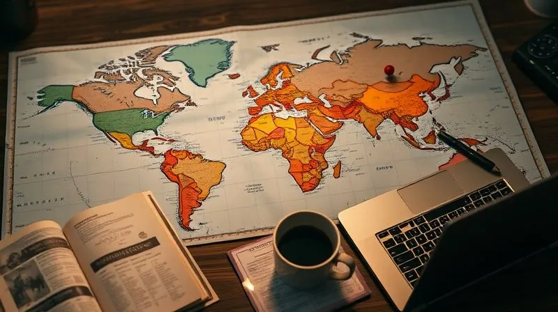 A detailed world map with pins and highlighted routes, surrounded by a laptop, travel guidebooks, and a cup of coffee, suggesting meticulous pre-trip research. Photorealistic, professional photography, 8K, cinematic lighting, sharp focus, depth of field.