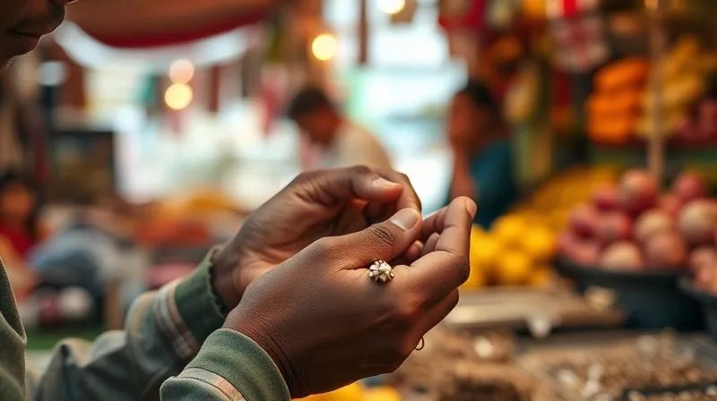 A close-up, photorealistic image of a local artisan's hands crafting a unique piece of jewelry in a bustling market stall, with blurred colorful local produce in the background. The scene exudes authenticity and cultural immersion. Professional photography, 8K, cinematic lighting, sharp focus, depth of field.