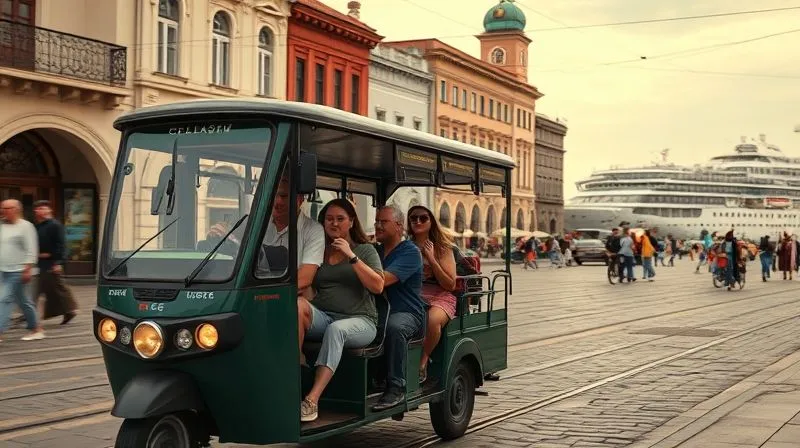 A photorealistic, dynamic shot of a sleek, eco-friendly local transport (e.g., a modern tram or electric tuk-tuk) moving through a picturesque historic town square, with a diverse group of happy travelers onboard. The cruise ship is subtly visible in the distant harbor. Professional photography, 8K, cinematic lighting, sharp focus, depth of field.