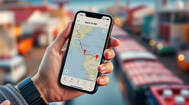 A close-up, photorealistic image of a traveler's hand holding a smartphone displaying a map application with a clearly marked 'return to ship' route, alongside a small, emergency contact card. The background is a slightly blurred, vibrant port town scene. Professional photography, 8K, cinematic lighting, sharp focus, depth of field.