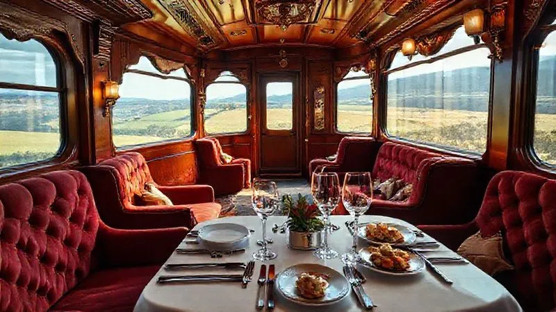A photorealistic image of a lavishly appointed vintage train carriage interior, featuring plush velvet seating, polished mahogany paneling, intricate brass fixtures, and large panoramic windows revealing a scenic countryside. A silver service dining setting is impeccably arranged on a table, with gourmet food and sparkling crystal glasses. The lighting is warm and inviting, creating an atmosphere of timeless luxury and comfort. Sharp focus, depth of field, 8K, cinematic lighting, professional photography, shot on a high-end DSLR.