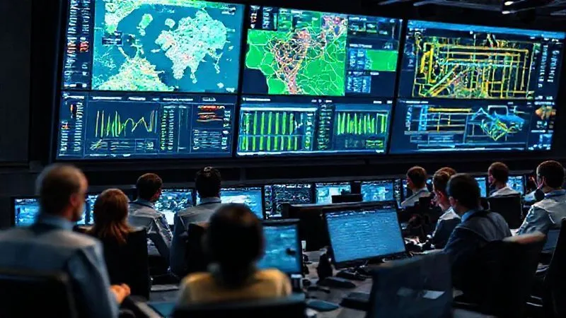A photorealistic image of a sophisticated train control room or operations center. Multiple large screens display complex data visualizations: real-time train locations on a map, passenger manifests, supply chain logistics, and maintenance schedules. A diverse team of professionals is calmly and efficiently monitoring the data, with a focused yet collaborative atmosphere. Cinematic lighting, sharp focus on the screens and operators, depth of field blurring the background, 8K hyper-detailed, professional photography, shot on a high-end DSLR.