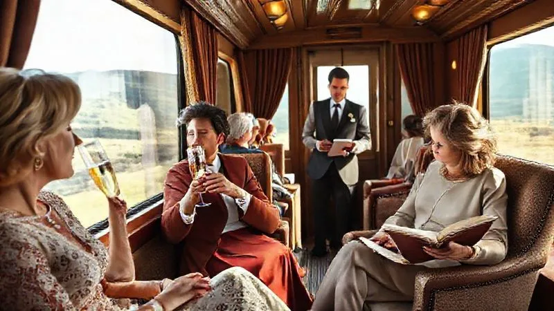 A photorealistic, professional photography image of a diverse group of affluent travelers enjoying a luxurious heritage train journey. One couple sips champagne while admiring a scenic view from a large window. Another person is engrossed in a book in a plush armchair. The scene is elegant and relaxed, with impeccable service from a discreet steward in the background. The focus is on the travelers' expressions of contentment and leisure, with cinematic lighting enhancing the opulent interior. 8K hyper-detailed, shot on a high-end DSLR.
