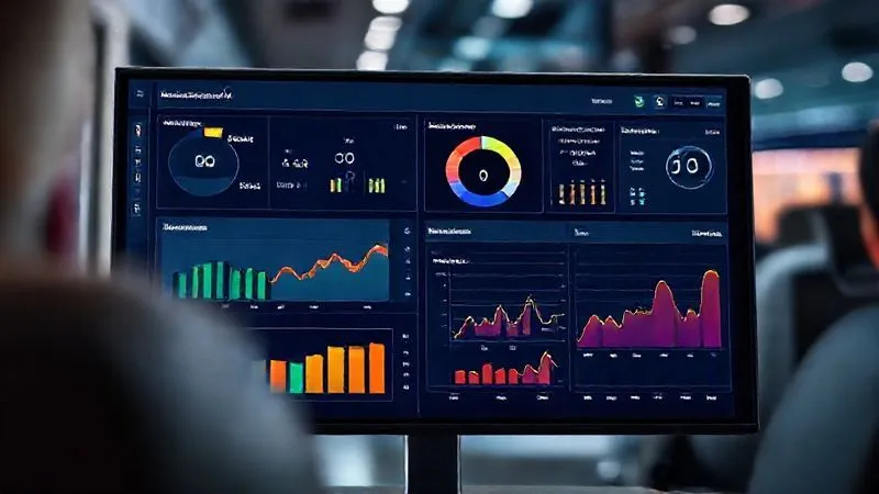 A photorealistic image of a sleek, modern dashboard interface displaying various business intelligence metrics related to luxury train tours. The screen shows interactive charts for revenue per passenger, occupancy rates, customer satisfaction scores, and booking trends over time. The data is presented cleanly with vibrant colors, and subtle animations suggest real-time updates. The background is slightly blurred, showing a professional working environment. Sharp focus on the dashboard, 8K, cinematic lighting, professional photography, shot on a high-end DSLR.