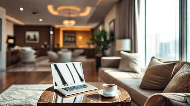 A photorealistic, professional photography, 8K, cinematic lighting, sharp focus, depth of field, shot on a high-end DSLR, depicting a cozy, well-lit modern apartment living room with a laptop on a coffee table, a cup of coffee, and a window view of a city, contrasting with a blurred background of a traditional hotel lobby, symbolizing alternative accommodation choices.