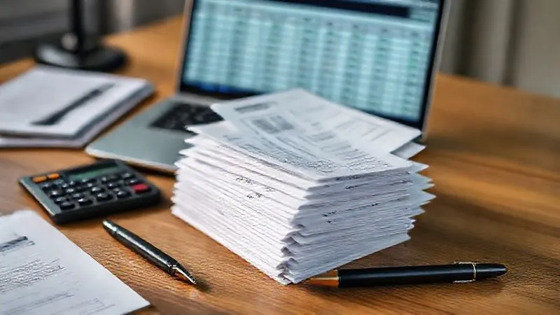 A photorealistic, professional photography, 8K, cinematic lighting, sharp focus, depth of field, shot on a high-end DSLR, of a stack of neatly organized business receipts, a calculator, and a pen on a wooden desk, with a laptop displaying a spreadsheet in the background, symbolizing meticulous expense tracking and tax preparation.