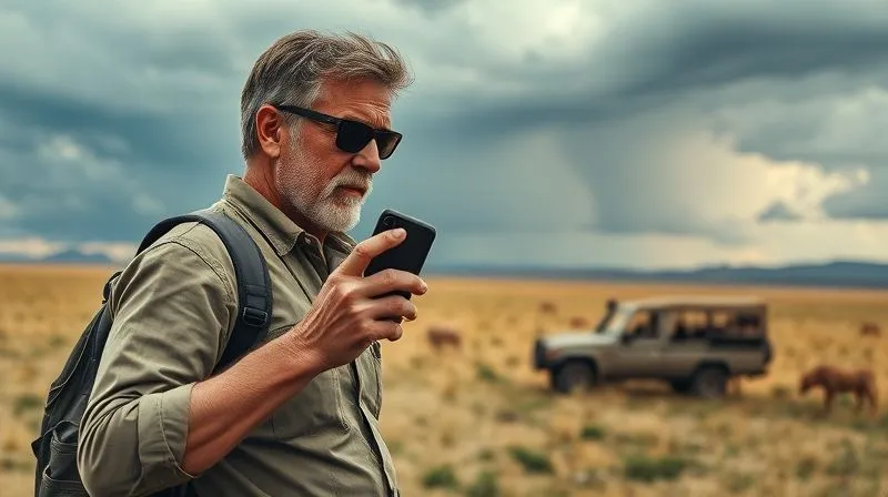 photorealistic, professional photography, 8K, cinematic lighting, sharp focus, depth of field, shot on a high-end DSLR, a safari guide holding a satellite phone, clearly communicating in a vast, open savannah with a safari vehicle in the background, the sky dramatic with storm clouds, conveying urgent but calm communication in a remote setting.