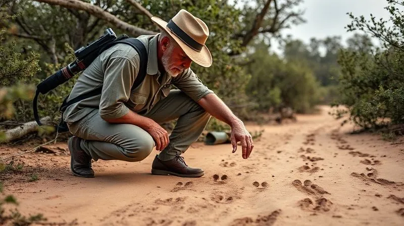 photorealistic, professional photography, 8K, cinematic lighting, sharp focus, depth of field, shot on a high-end DSLR, a safari guide kneeling, intently examining fresh animal tracks in soft earth, surrounded by dense, untouched African bush, conveying deep expertise and a keen understanding of the wilderness.