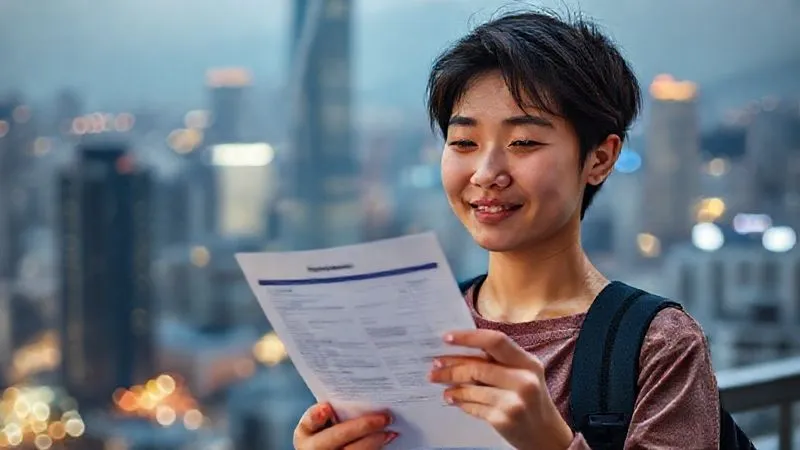 A student looking relieved, holding a travel insurance policy document, with a blurred cityscape of an Asian city in the background. The lighting is soft and reassuring, emphasizing security and peace of mind. Photorealistic, professional photography, 8K, cinematic lighting, sharp focus, depth of field, shot on a high-end DSLR.