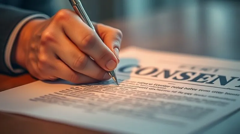 A close-up, photorealistic shot of a hand signing a formal, detailed consent form with a pen, surrounded by a subtle, warm glow, symbolizing trust and clarity. The document has blurred text, indicating its legal nature. Professional photography, 8K, cinematic lighting, sharp focus on the signing hand and pen, depth of field blurring the background, shot on a high-end DSLR.